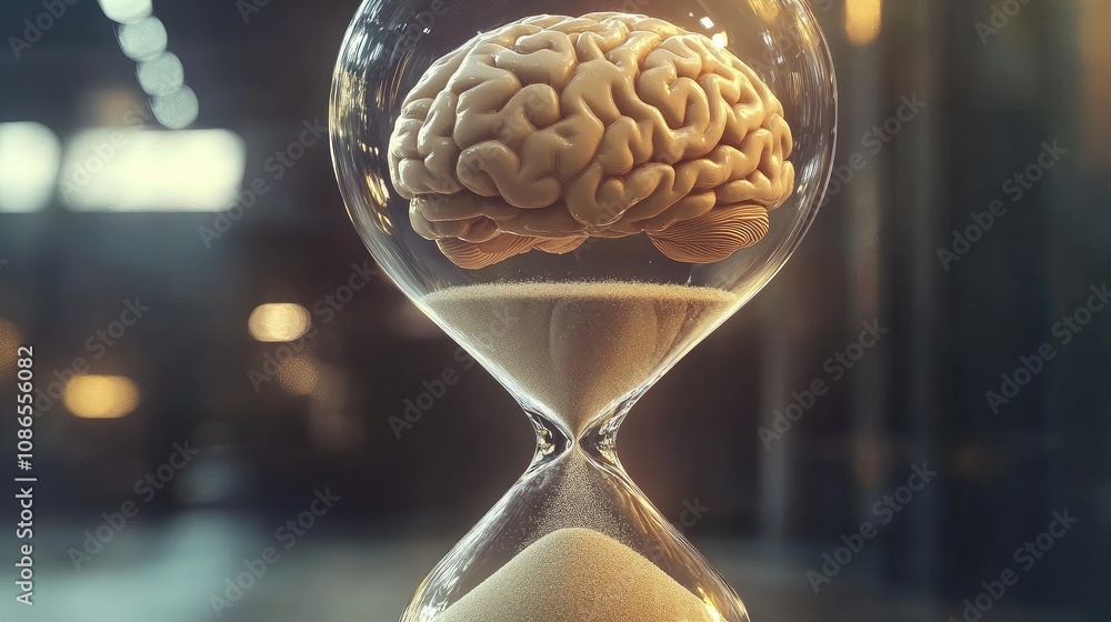 Poster conceptual image of brain in an hourglass, sand flowing around it symbolizing thought processing ove