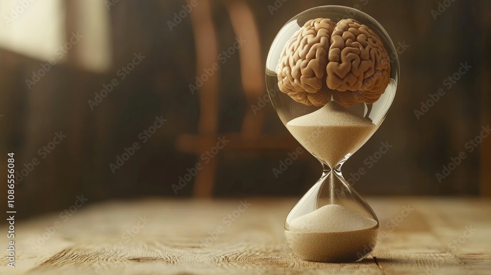 Poster conceptual image of brain in an hourglass, sand flowing around it symbolizing thought processing ove