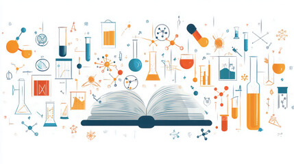 vibrant open book surrounded by various science related illustrations, including test tubes, beakers, and molecular structures, symbolizes joy of learning and discovery in science