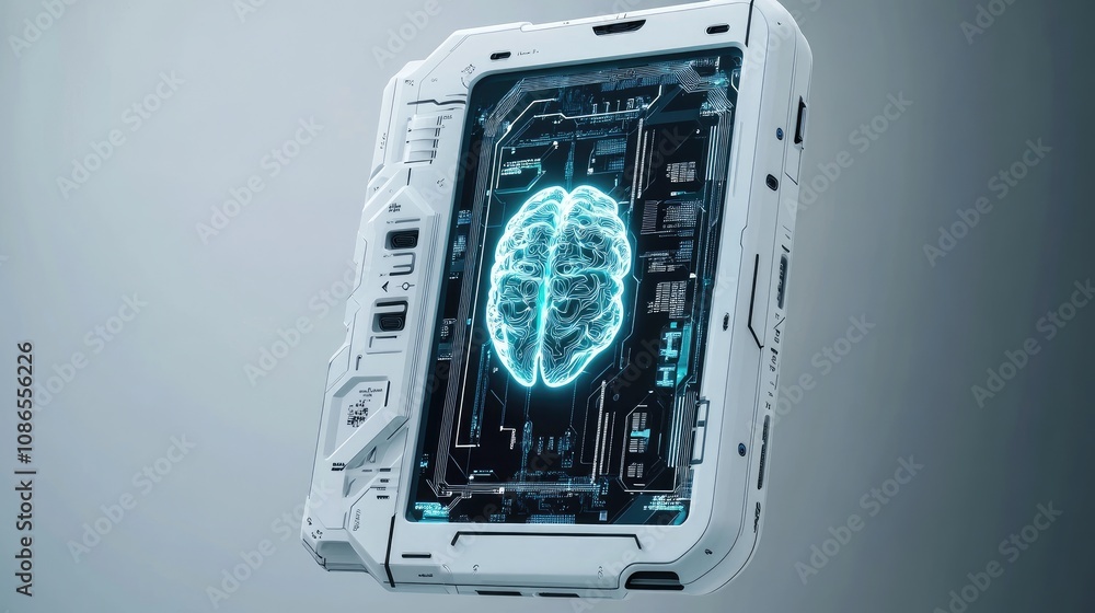 Poster futuristic phone with ai brain in middle, robotic hardware elements, minimal background