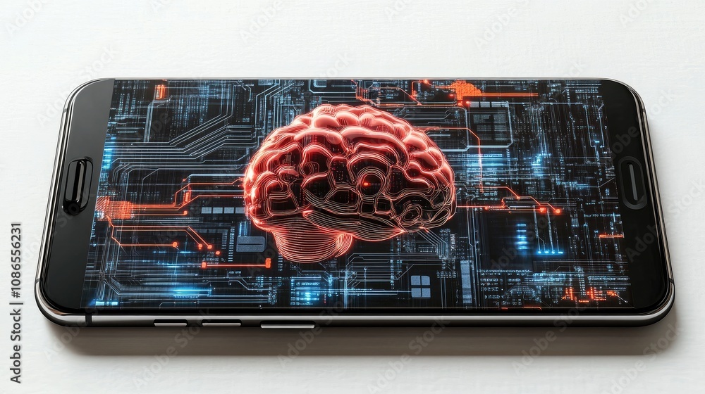 Poster futuristic phone with ai brain in middle, robotic hardware elements, minimal background