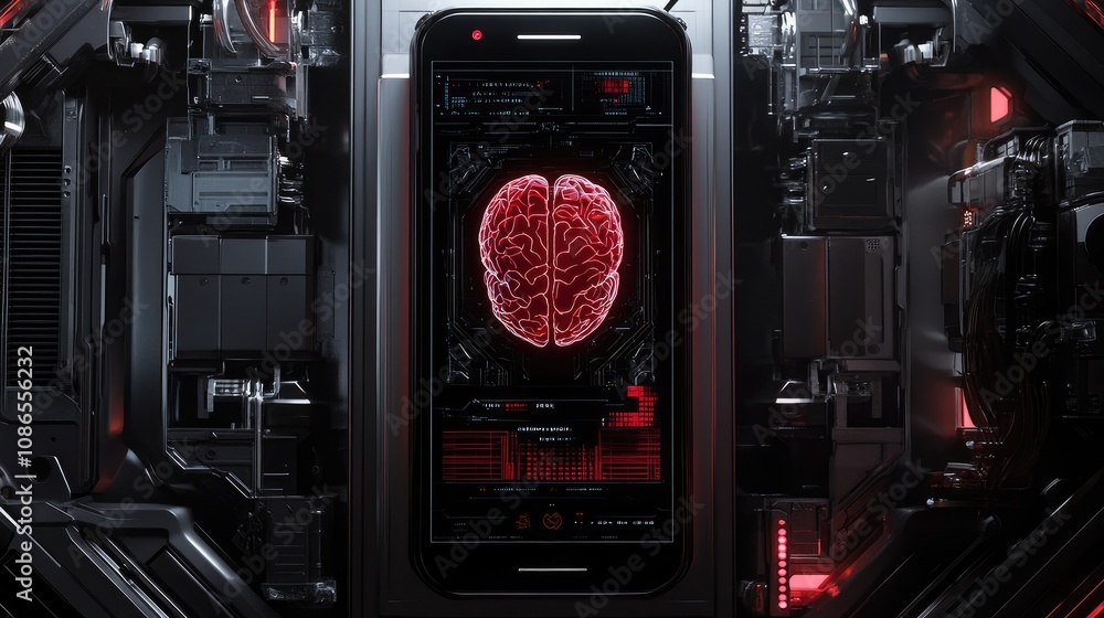 Poster futuristic phone with ai brain in middle, robotic hardware elements, minimal background