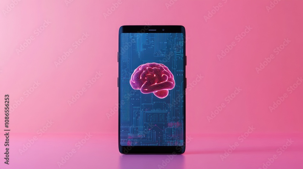 Poster futuristic phone with ai brain in middle, robotic hardware elements, minimal background
