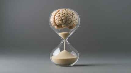 Hourglass containing brain and sand, symbolizing time effect on mental clarity, simple setup