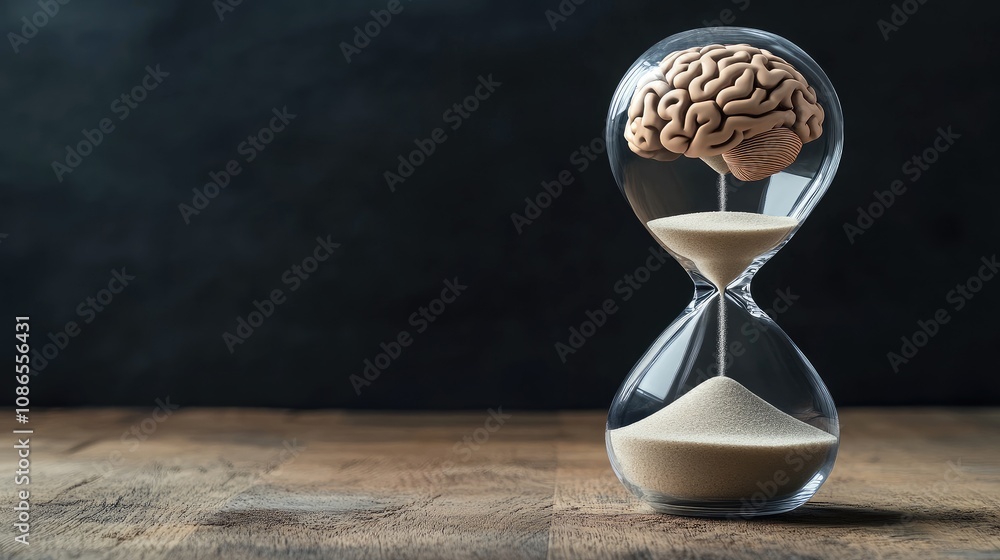 Poster hourglass with brain in top chamber, sand below symbolizing finite time for thoughts, simple setting