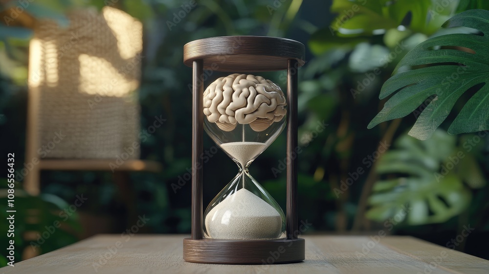 Poster hourglass with brain in top chamber, sand below symbolizing finite time for thoughts, simple setting