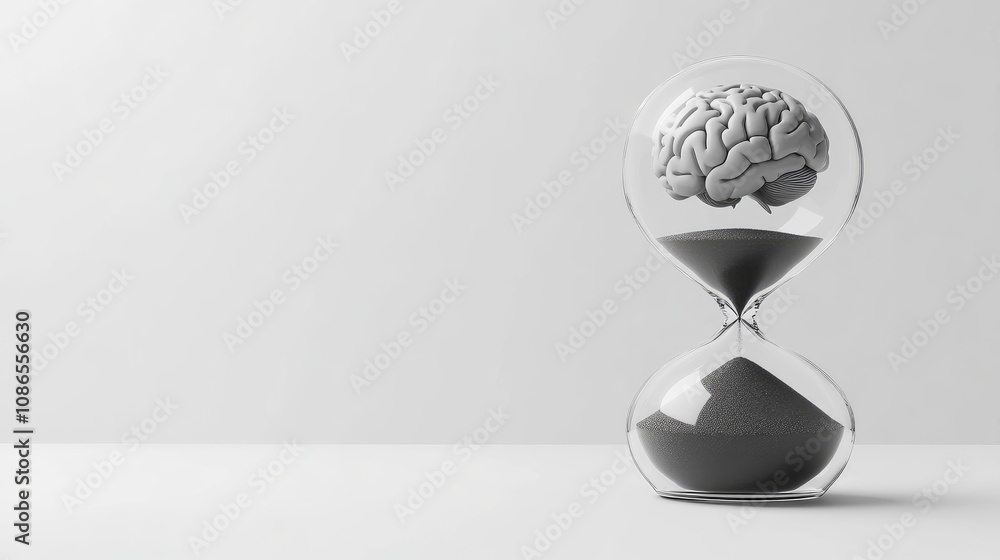 Poster minimalist hourglass with brain and sand, representing thought constraints by time, plain setup