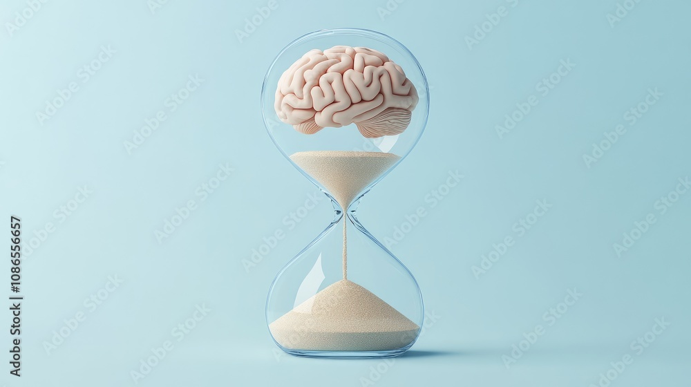 Poster minimalist hourglass with brain and sand, representing thought constraints by time, plain setup