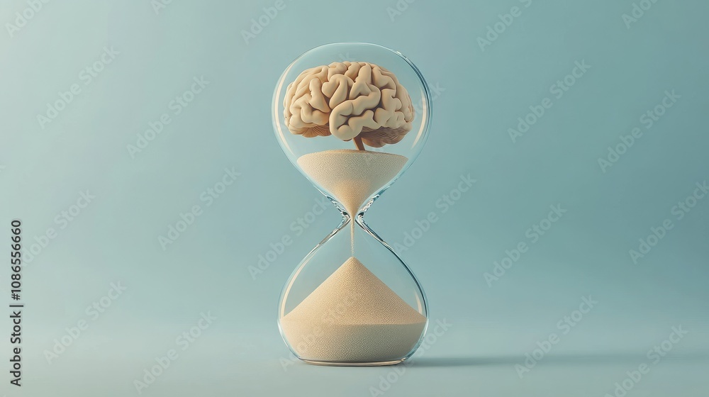 Poster minimalist hourglass with brain and sand, representing thought constraints by time, plain setup