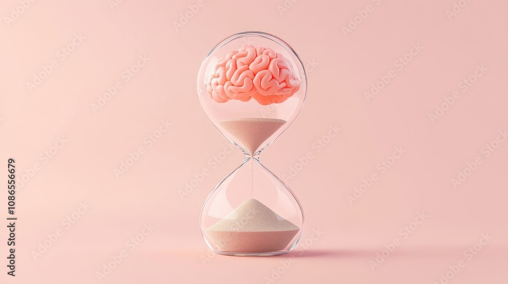 Poster minimalist hourglass with brain and sand, representing thought constraints by time, plain setup