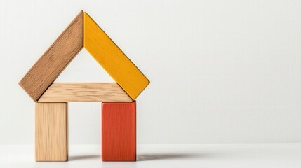 A modern toy house with geometric shapes, primary colors, simplistic structure, isolated on white background