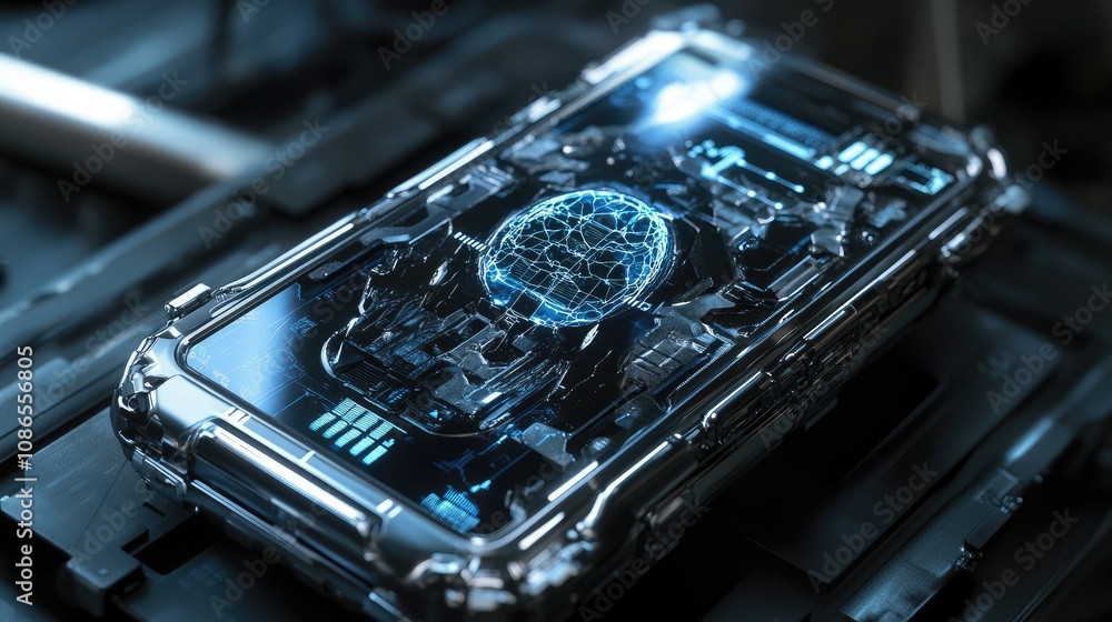 Poster mobile device with ai brain core and robotic frame, metallic futuristic design showcasing tech