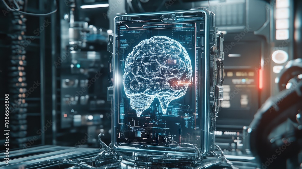Poster mobile device with an exposed ai brain core, surrounded by robotic design elements, futuristic setti
