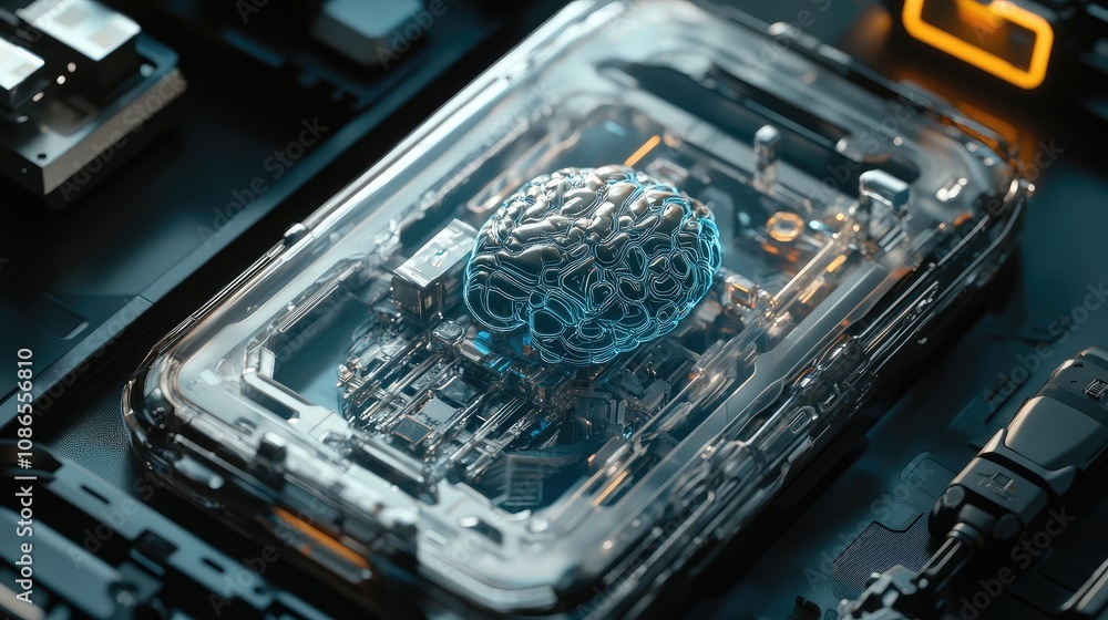 Poster mobile device with transparent case revealing ai brain in center, surrounded by robotic details
