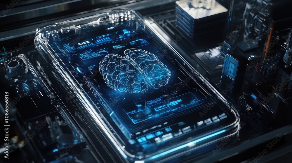 Poster mobile device with transparent case revealing ai brain in center, surrounded by robotic details