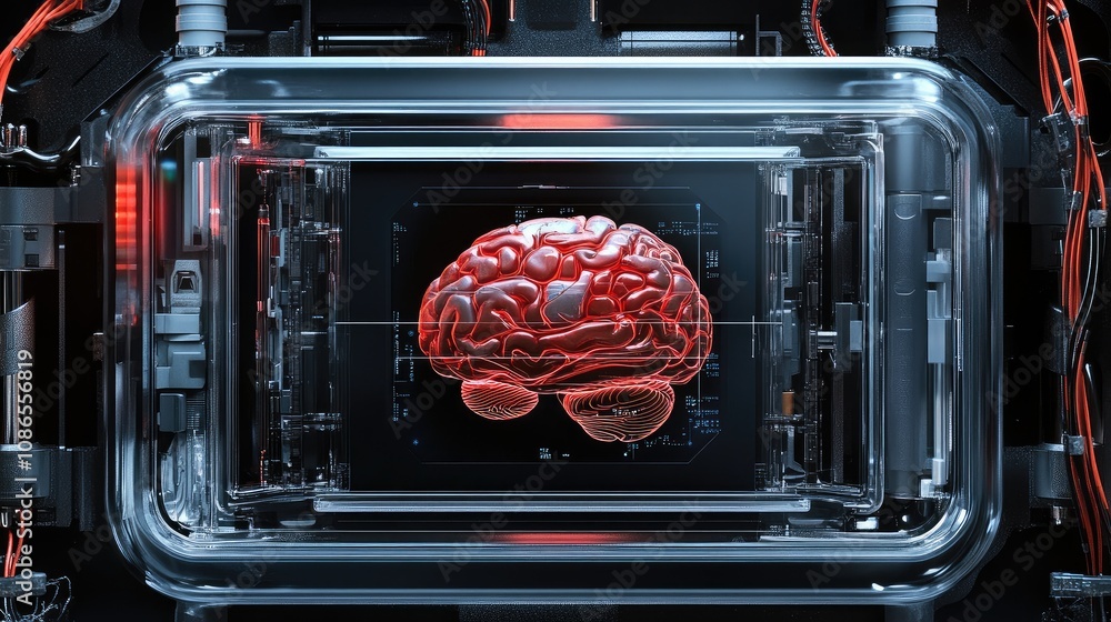 Poster mobile device with transparent case revealing ai brain in center, surrounded by robotic details