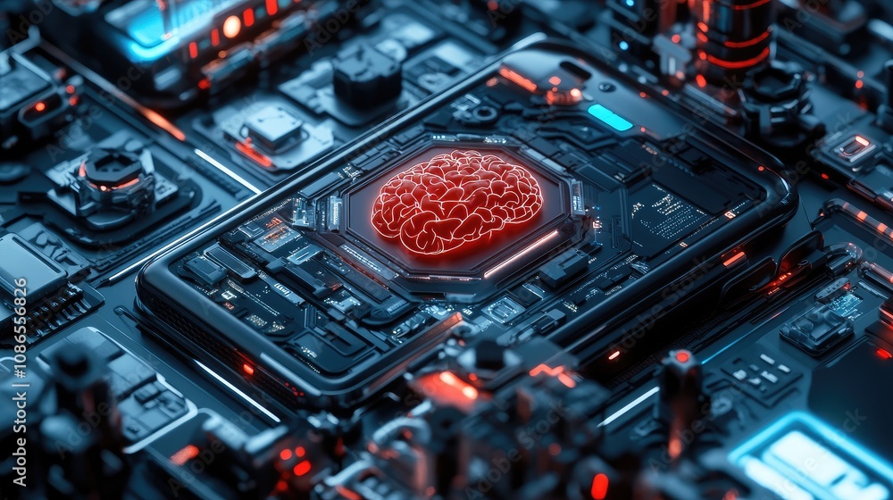 Poster mobile phone with ai brain center, surrounded by robotic parts, visualizing intelligent tech in digi