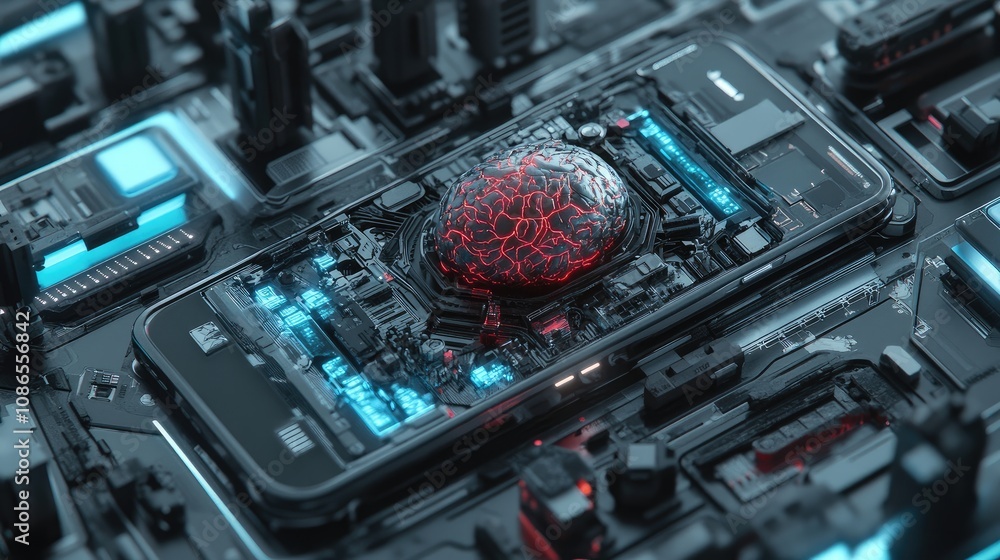 Poster mobile phone with ai brain center, surrounded by robotic parts, visualizing intelligent tech in digi