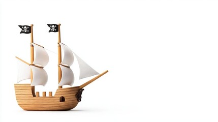 A pirate ship toy house, ocean theme, wooden texture, isolated on white background