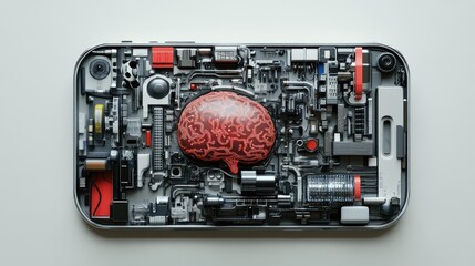 Mobile phone with AI brain center, surrounded by robotic parts, visualizing intelligent tech in digital devices