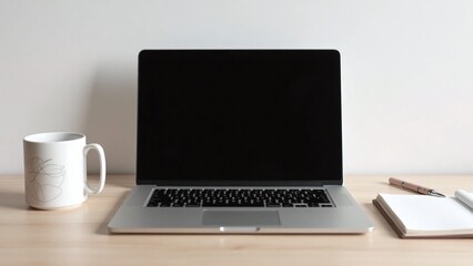 Fototapeta premium Minimalist workspace sleek modern laptop ceramic mug