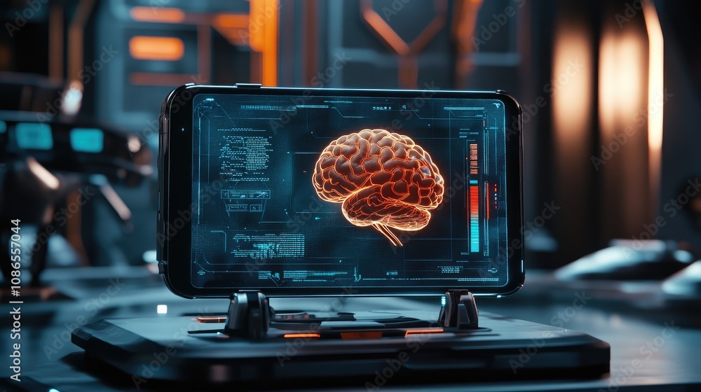 Poster phone with ai brain and robotic casing, futuristic display, illustrating intelligence in tech