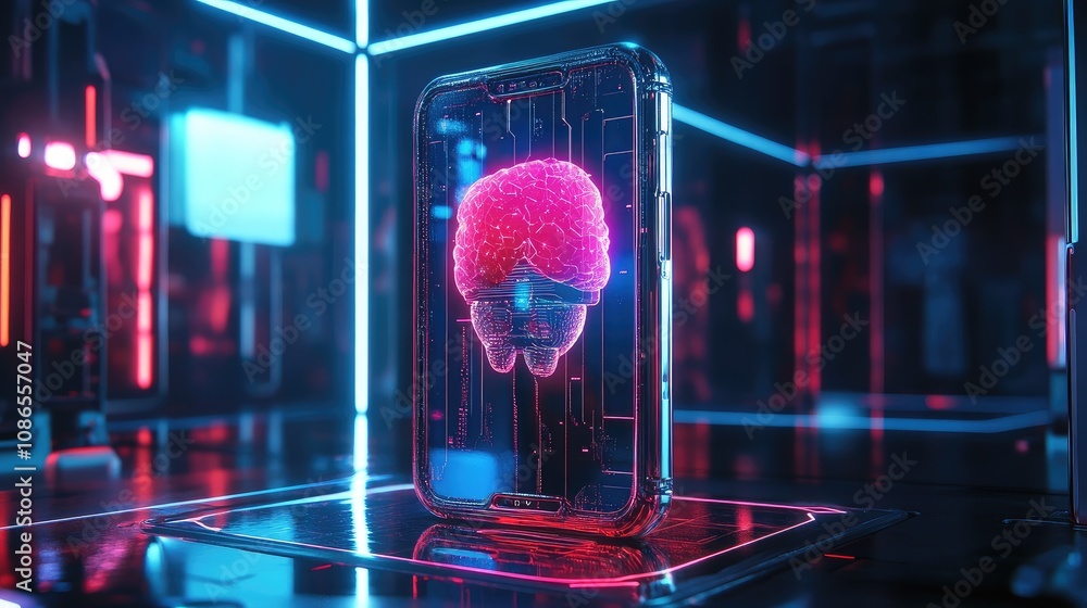 Poster phone with ai brain and robotic casing, futuristic display, illustrating intelligence in tech