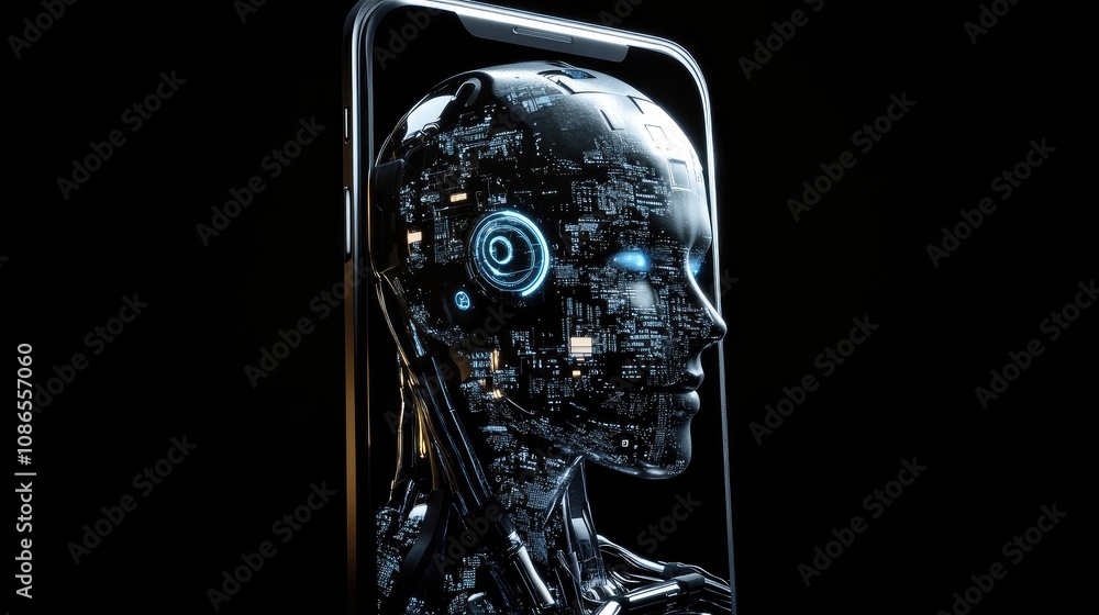 Aufkleber phone with ai brain and robotic casing, futuristic display, illustrating intelligence in tech