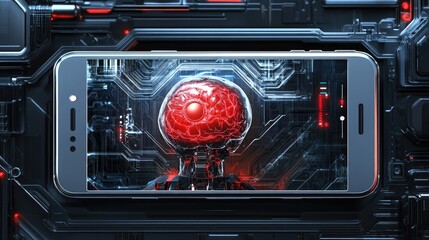 Obraz premium Phone with AI brain in center, robotic metallic frame around, concept of smart technology