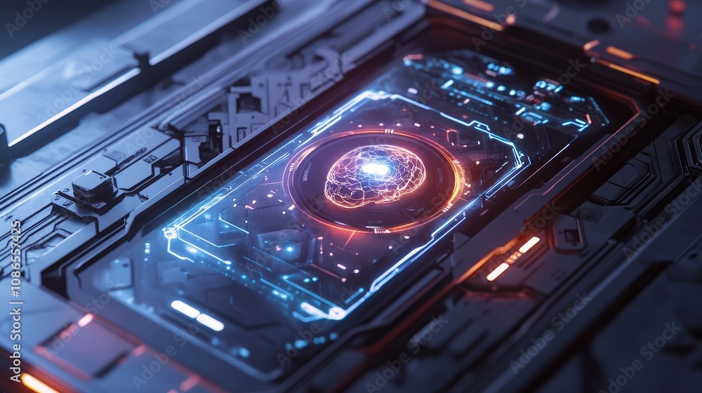 Poster robotic mobile phone with ai brain pulsating at its center, holographic details around