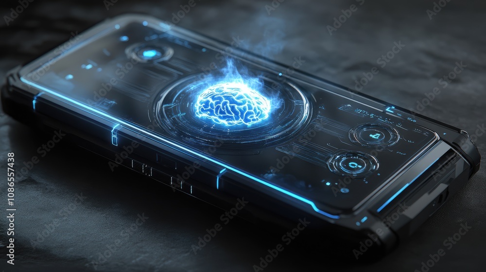 Poster robotic mobile phone with ai brain pulsating at its center, holographic details around