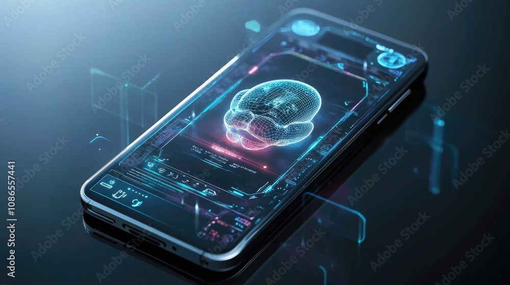 Poster robotic mobile phone with ai brain pulsating at its center, holographic details around