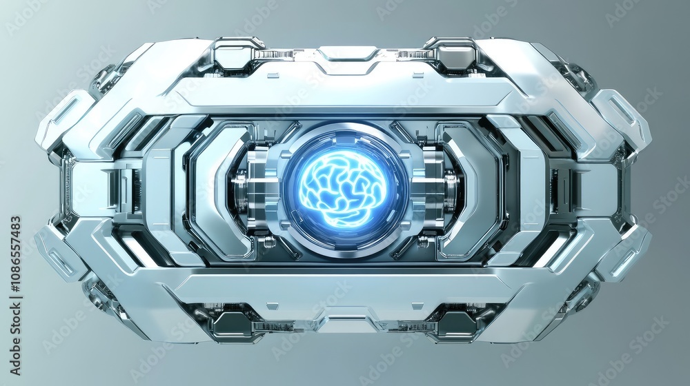 Poster robotic mobile with glowing ai brain in the middle, metallic design, symbolizing advanced intelligen
