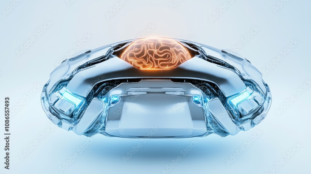 Poster robotic mobile with glowing ai brain in the middle, metallic design, symbolizing advanced intelligen