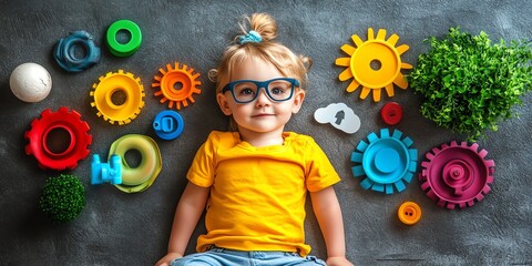 A young girl wearing glasses lays down with colorful toys on the floor.