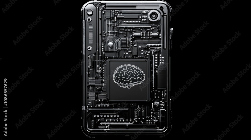 Poster sleek robotic mobile phone, ai brain at its core, intricate circuit design symbolizing artificial in