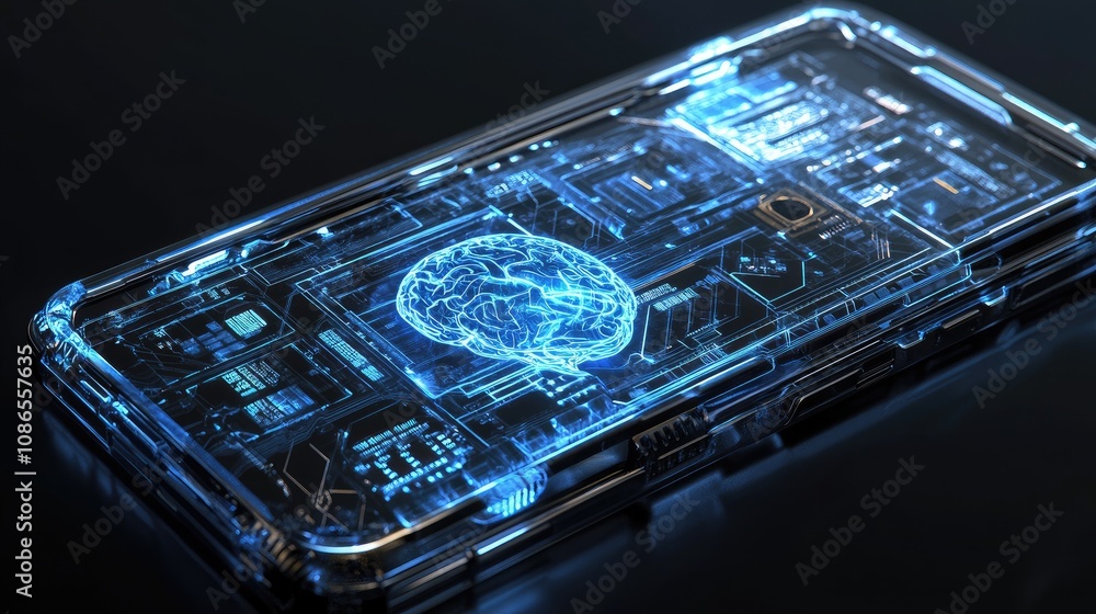 Poster sleek robotic mobile phone, ai brain at its core, intricate circuit design symbolizing artificial in