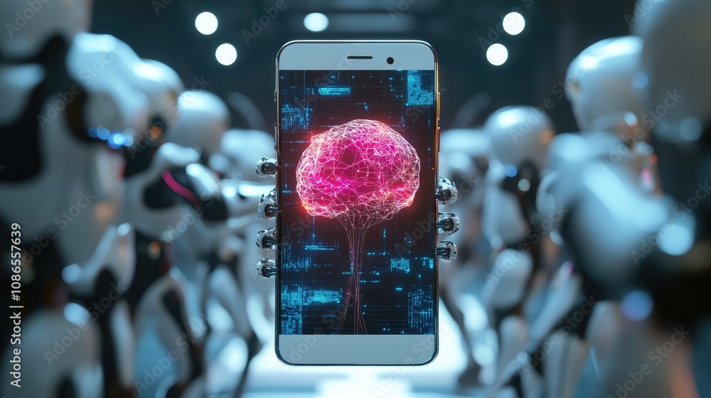 Poster smartphone with robotic arms, ai brain at core, 3d render symbolizing advanced digital intelligence