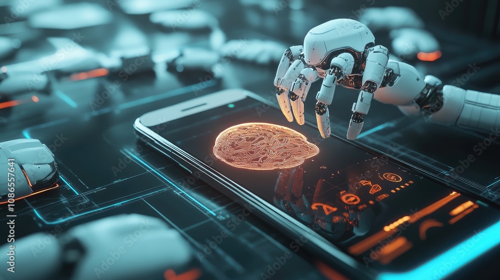 Poster smartphone with robotic arms, ai brain at core, 3d render symbolizing advanced digital intelligence