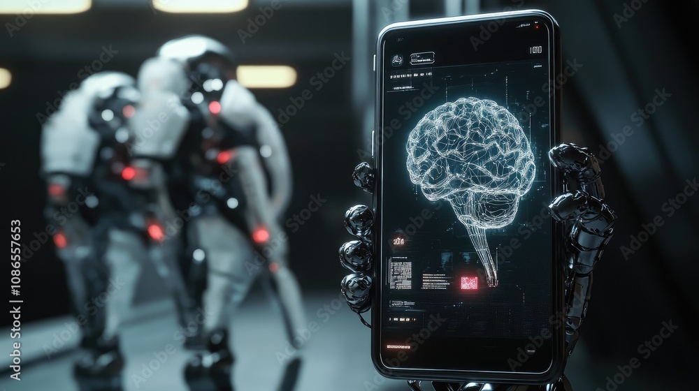 Poster smartphone with robotic arms, ai brain at core, 3d render symbolizing advanced digital intelligence