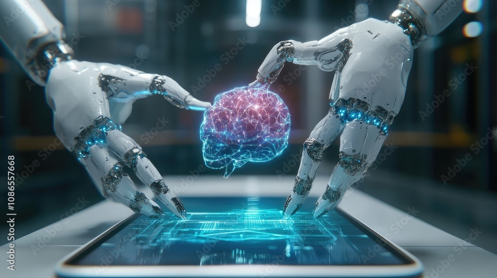 Poster smartphone with robotic arms, ai brain at core, 3d render symbolizing advanced digital intelligence