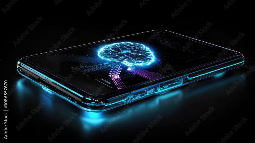 Poster smartphone with robotic frame and glowing ai brain at its core, showing artificial intelligence