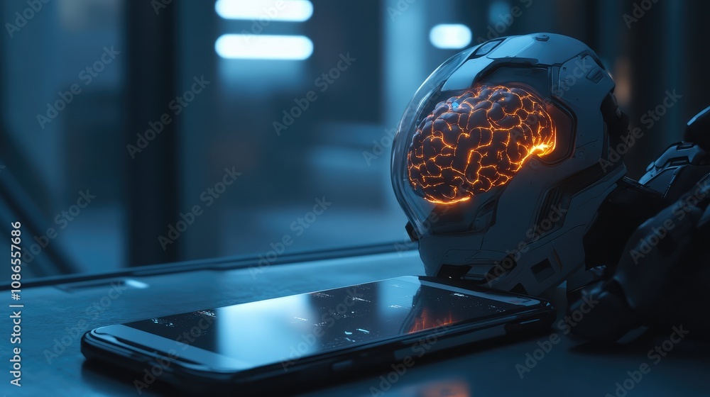 Poster smartphone with robotic frame and glowing ai brain at its core, showing artificial intelligence