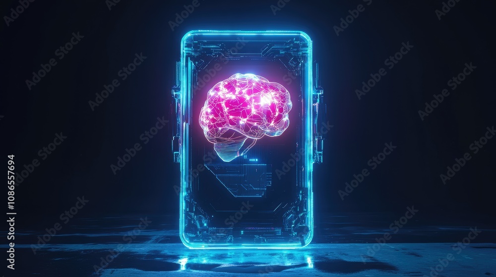 Poster smartphone with robotic frame and glowing ai brain at its core, showing artificial intelligence