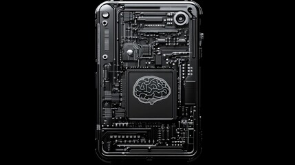 Fototapeta premium Sleek robotic mobile phone, AI brain at its core, intricate circuit design symbolizing artificial intelligence