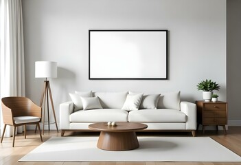 A modern living room with a white sofa, a wooden coffee table, and a large framed blank wall