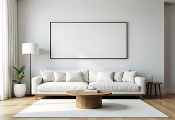 A modern living room with a white sofa, a wooden coffee table, and a large framed blank wall