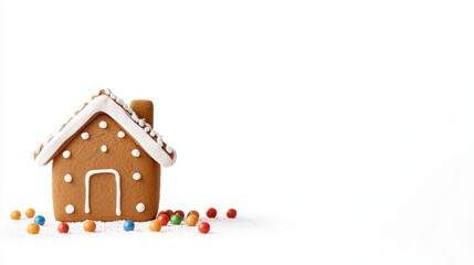 A traditional gingerbread house toy, colorful candy decor, holiday theme, isolated on white background