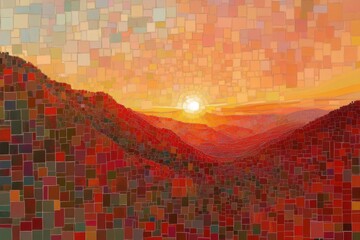 Vibrant mosaic sunset over rolling hills capturing serene nature