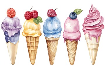 illustration of an ice cream set. Different types and tastes of cold desserts cups cones soft serve bars sticks popsicles frozen juice in waffles and on sticks. Vintage hand-drawn style generative ai